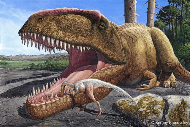 A Giganotosaurus getting its teeth cleaned (Sergey Krasovskiy).