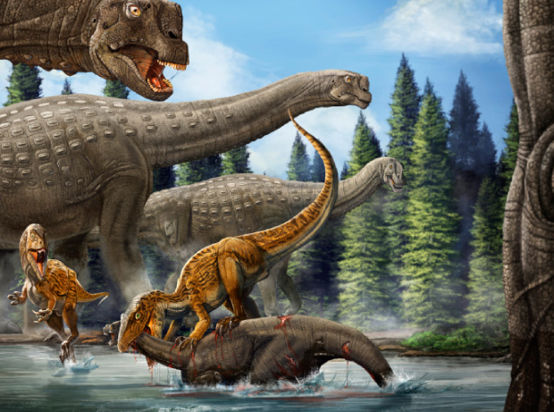An illustration of ancient Australia. The Australovenator attacks a young Diamantinasaurus. (Image: Xing Lida)