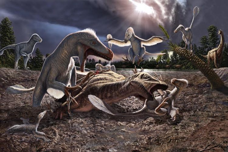 Artistic interpretation of the Utahraptor and iguanodont by Julius Csotonyi