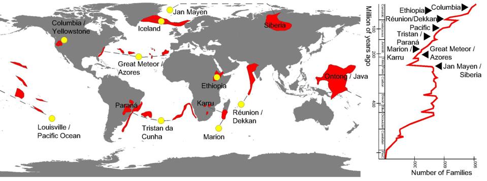 Flood-basalts (red areas) and corresponding hotspots (yellow dots). Hotspots are stationary regions of increased igneous activity; the spatial discrepancy of these spots and lava deposits is explained by the slow movement of the tectonic plates. The radiometric ages of some of the igneous provinces correlate with major mass extinction events during Earth's history, as shown by the number of families recognized in the geological record. D.BRESSAN