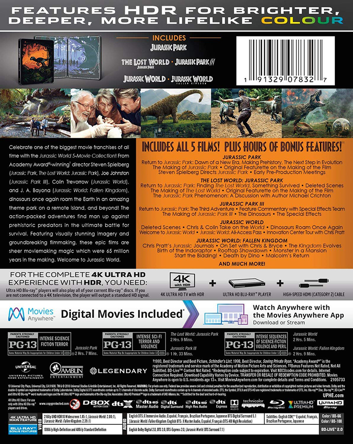Jurassic World: 5 Movie Collection 4k Blu ray Back