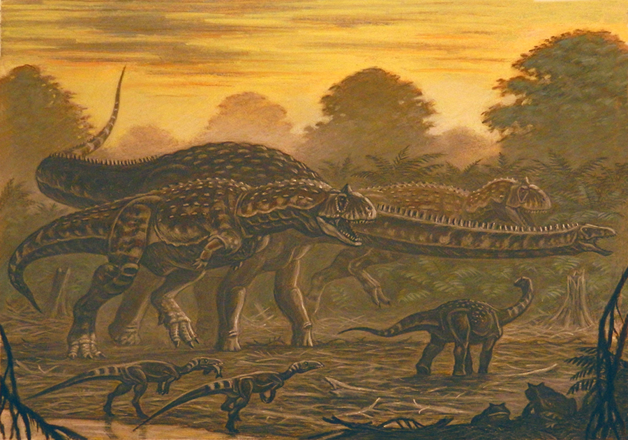 Two individuals of Majungasaurus chasing Rapetosaurus, with Masiakasaurus in the foreground. Image credit: ABelov2014, abelov2014.deviantart.com / CC BY-SA 3.0.