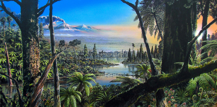 Reconstruction of the West Antarctic mid-Cretaceous temperate rainforest. The painting is based on paleofloral and environmental information inferred from palynological, geochemical, sedimentological and organic biomarker data obtained from cores at the site of PS104_20-2, Antarctica. Image credit: J. McKay / Alfred-Wegener-Institut / CC-BY 4.0.