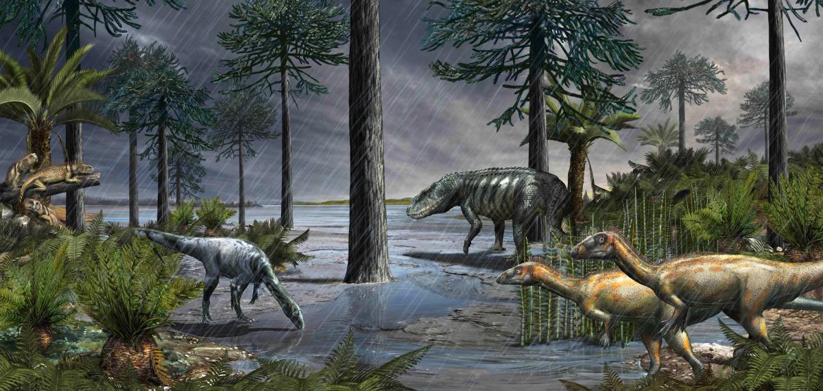 A life-scene from 232 million years ago, during the Carnian Pluvial Episode after which dinosaurs took over: a large rauisuchian lurks in the background, while two species of dinosaurs stand in the foreground, and some rhynchosaurs sit on the logs to the left; based on data from the Ischigualasto Formation in Argentina. Image credit: Davide Bonadonna.