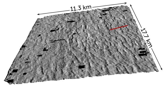 Subsurface megaripples (most pronounced near the red line) under Louisiana were imaged using reflected sound waves that traveled through Earth’s crust MARTELL STRONG