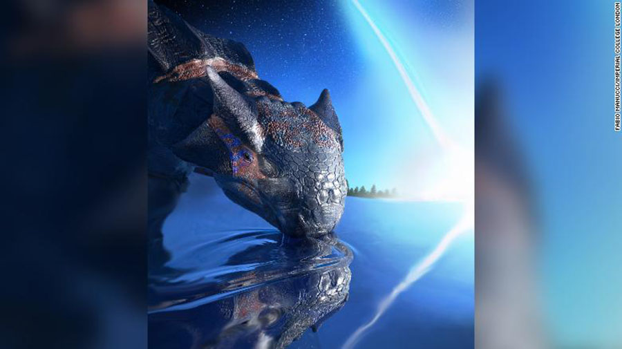 A large armored dinosaur species, Ankylosaurus magniventris, drinks from a watering hole while an asteroid crashes on the Yucatán peninsula in Mexico 66 million years ago.