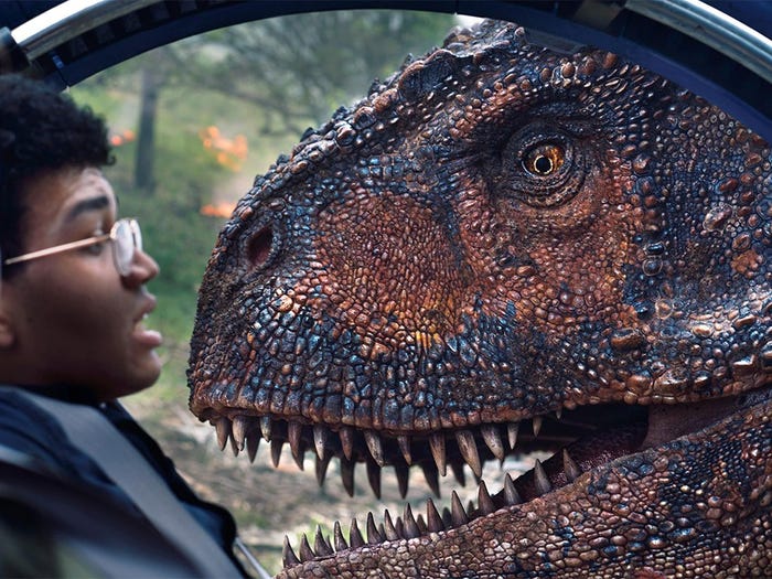 A carnotaurus sniffs its prey in the movie "Jurassic World: Fallen Kingdom." Universal