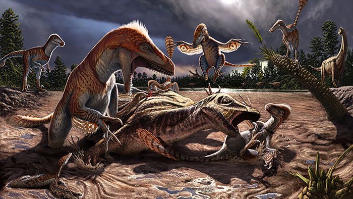 Adult and juvenile Utahraptor dinosaurs attack an iguanodont dinosaur trapped in quicksand. By Julius Costonyi.