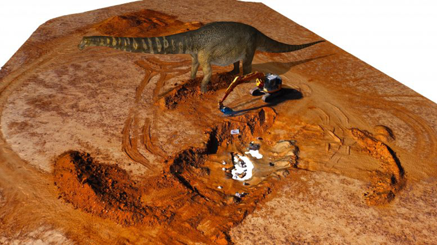 Australotitan cooperensis next to the 2021 dinosaur dig site. Credit: Vlad Konstantinov, Dr. Scott Hocknull ©Eromanga Natural History Museum
