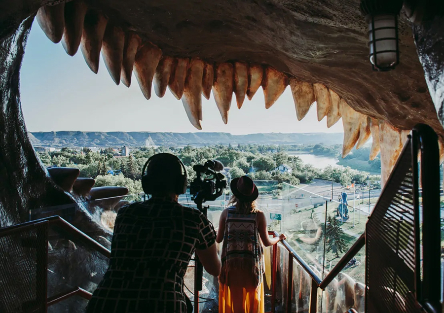 Big Things Small Towns filming inside the T-Rex's giant jaws. (Tamarra Canu)