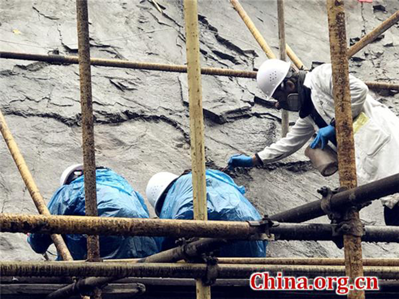 Chinese and Greek staff working on scaffold to preserve dinosaur footprints at a geological park in Yanqing district of Beijing, Oct. 15, 2018. [Photo by Guo Xiaohong / China.org.cn]