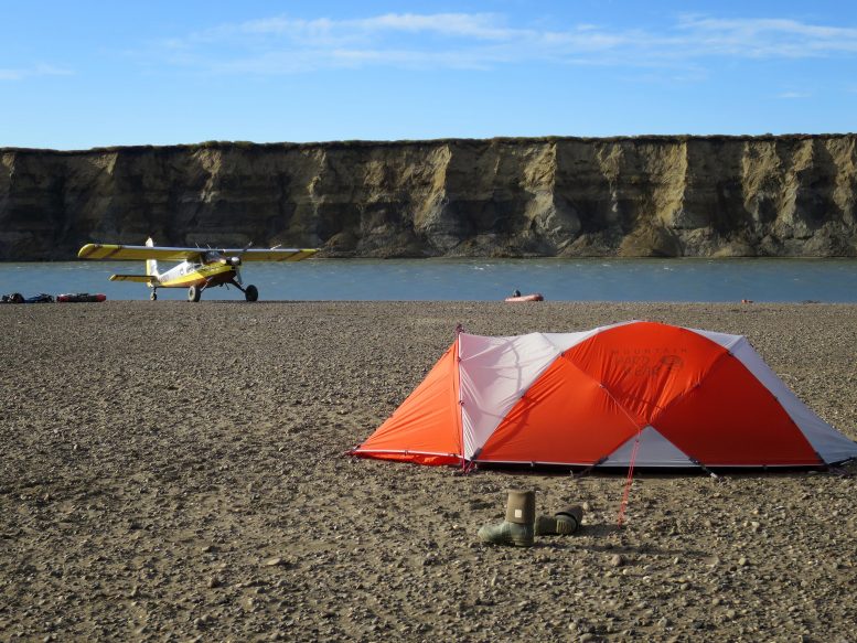 The research team’s camp sits on the banks of the Colville River on Alaska’s North Slope, with the bluffs rising in the background. Credit: Photo by Patrick Druckenmiller