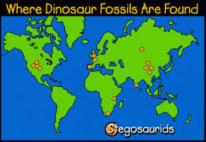 Image of a map that displays where Stegosaurid dinosaur fossils are found.