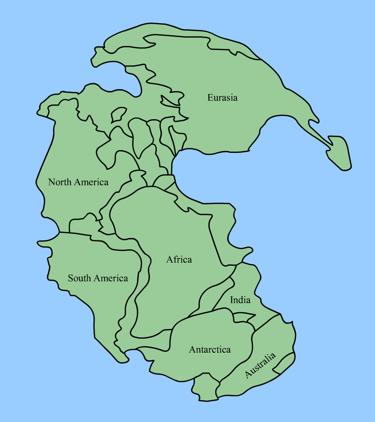 Map of Pangaea showing where today’s continents were at the Permian–Triassic boundary