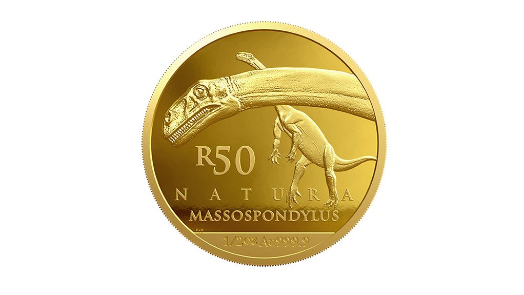 Depicted on the R50 is the Massospondylus carinatus, one of the best known dinosaurs in the world and also the most common dinosaur species in Southern Africa. Massospondylus is a prosauropod dinosaur and lived in the early Jurassic period, which makes it one of the oldest dinosaurs on earth. It had a typical saurischian type pelvis with a forward-jutting pubis. Its length was 4 m to 6 m and it had a small head, narrow body and long neck and tail. Its hind limbs were much longer and stronger than its front limbs which, together with the morphology of the hips, indicate that it was a bipedal. The small serrated leaf-shaped teeth suggest it was probably an omnivore.