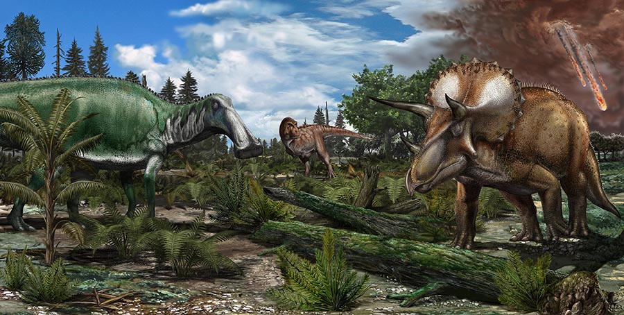 Reconstruction of a late Maastrichtian (~66 million years ago) palaeoenvironment in North America, where a floodplain is roamed by dinosaurs like Tyrannosaurus rex, Edmontosaurus and Triceratops. Credit: Davide Bonadonna