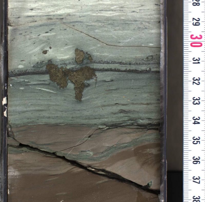 Scientists examined rock samples pulled from the crater left by the impact that wiped out the dinosaurs, such as the section of rock core shown here. Researchers found high concentrations of the element iridium – a marker for asteroid material – in the middle section of the core, which contains a mixture of ash from the impact and ocean sediment deposited over decades. The iridium is measured in parts per billion. Image via University of Texas at Austin/ International Ocean Discovery Program.