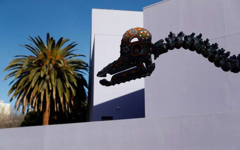 SAN JOSE, CALIFORNIA - FEBRUARY 4: The head of "Ichiro" a Velafrons dinosaur by artist Marianela Fuentes outside of the Children's Discovery Museum of San Jose in San Jose, Calif., on Tuesday, Feb. 4, 2020. (Nhat V. Meyer/Bay Area News Group)