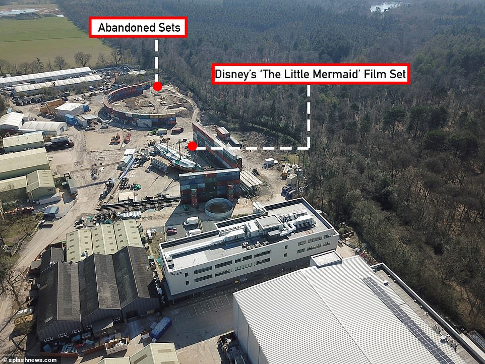 Stark aerial photos show elaborate film sets for Jurassic World and The Little Mermaid at Pinewood Studios in Uxbridge closed after Britain was plunged into the coronavirus lockdown this week