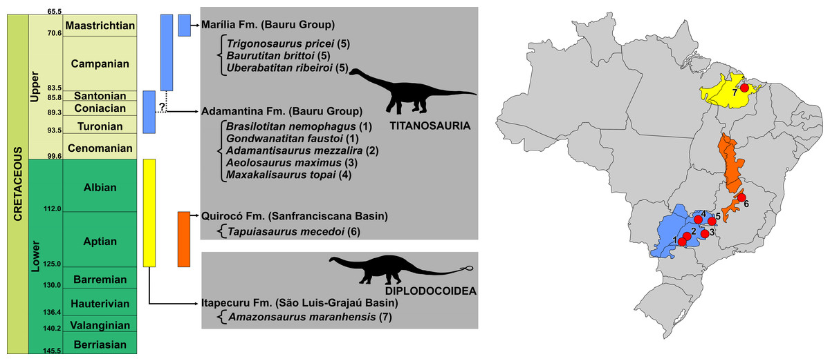 Temporal and geographic distribution of Brazilian Cretaceous Sauropods.