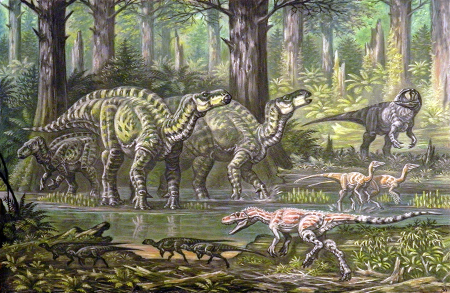 Wessex Formation dinosaurs, including Iguanodon, Neovenator, ornithomimisaurs, Hypsilophodon, and Eotyrannus.