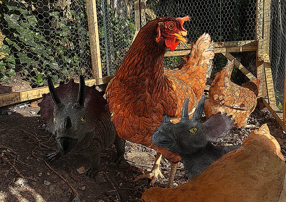 Chickens and dinosaurs hang out in the coop. (Arkansas Democrat-Gazette/Celia Storey)
