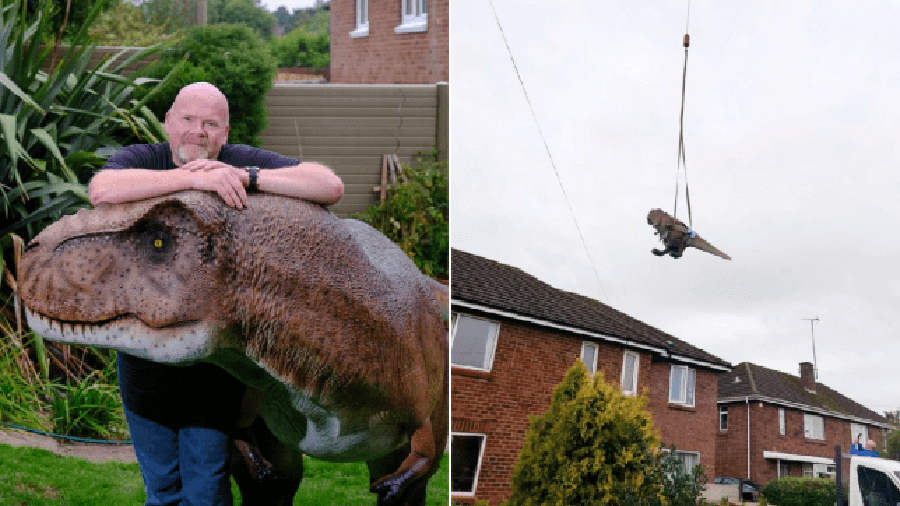 Adrian with Dave (Picture: SWNS)   Read more: https://metro.co.uk/2020/09/06/man-spends-1600-to-surprise-wife-with-12ft-dinosaur-replica-but-it-doesnt-go-to-plan-13229230/?ito=cbshare  Twitter: https://twitter.com/MetroUK | Facebook: https://www.facebook.com/MetroUK/