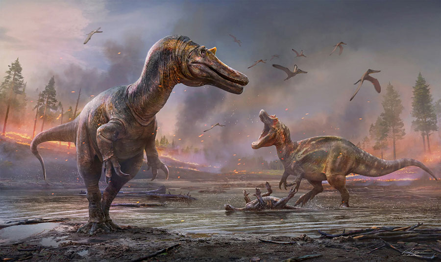 Artist’s impressions of Ceratosuchops inferodios (foreground) and Riparovenator milnerae (background). Image credit: Anthony Hutchings.