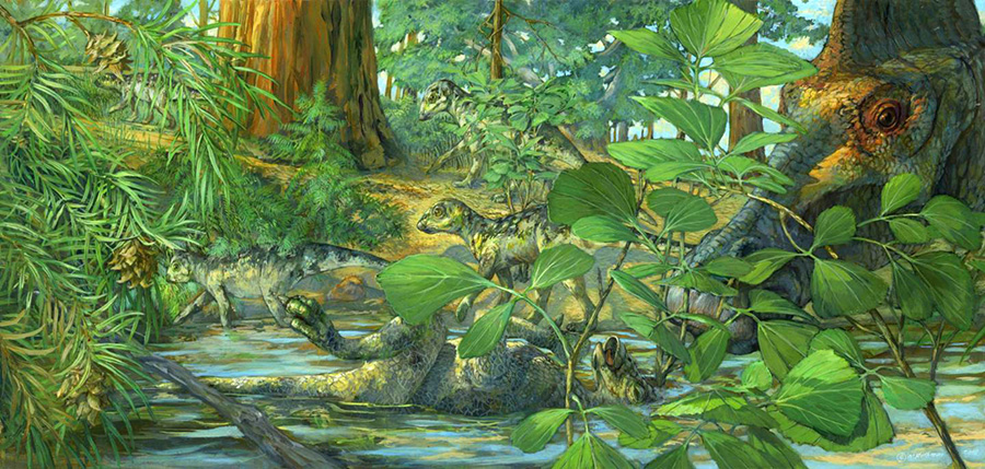 Artist’s reconstruction of the nesting ground of Hypacrosaurus stebingeri. A deceased Hypacrosaurus nestling can be seen with the back of its skull embedded in shallow waters. The mother is portrayed at right. Illustration: Michael Rothman