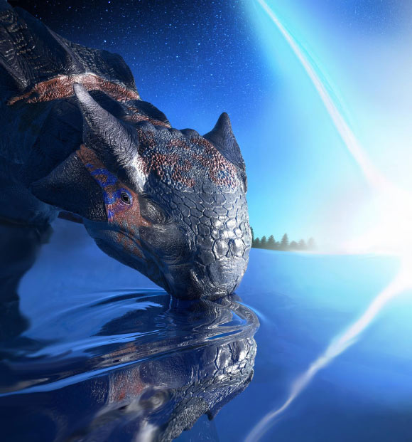 Ankylosaurus magniventris, a large armored dinosaur species, witnesses the impact of an asteroid, falling on the Yucatan peninsula 66 million years ago. Image credit: Fabio Manucci.